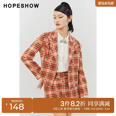 红袖outlets格纹提花翻领外套hopeshow2022冬季款单排扣翻领夹克商品大图