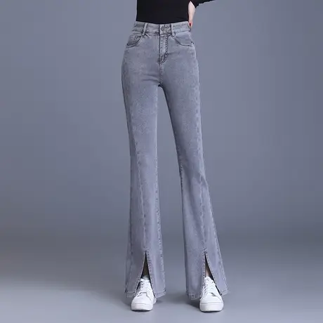 中间开叉微喇牛仔裤女春秋2023新款高腰弹力修身长裤通勤休闲裤子图片