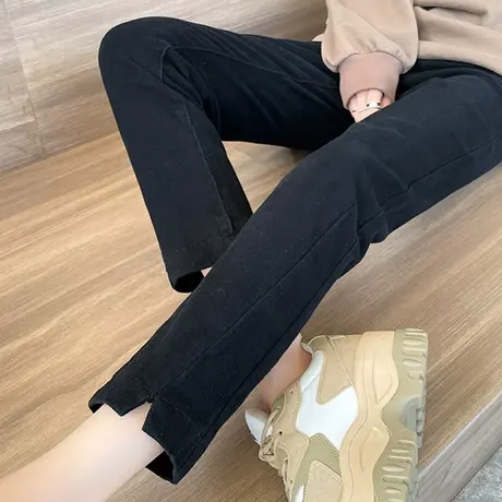 黑色加绒直筒牛仔裤女高腰春秋冬显瘦宽松小个子九分开叉烟管裤子商品大图