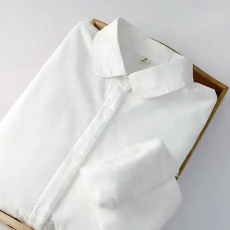 秋冬文艺清新加绒加厚纯棉白衬衫女学生职业百搭保暖修身打底衬衣商品大图