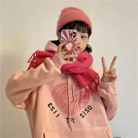红续粉色爱心指印加绒加厚连帽卫衣女奶油甜妹学院风上衣外套新款商品大图
