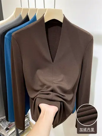 欧货V领磨毛加薄绒长袖t恤女上衣2022新款秋冬修身洋气内搭打底衫图片