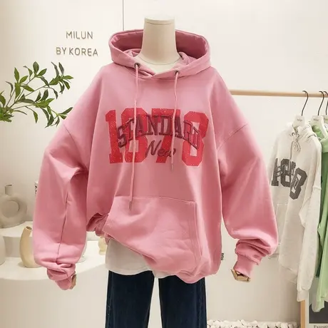 2023春装新款韩国东大门chic复古小众字母连帽卫衣毛圈棉宽松大码商品大图