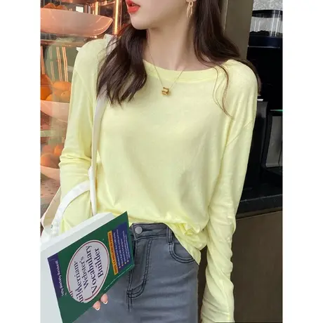 纯棉长袖T恤女2024夏季新款宽松显瘦百搭打底衫薄款空调罩衫上衣商品大图