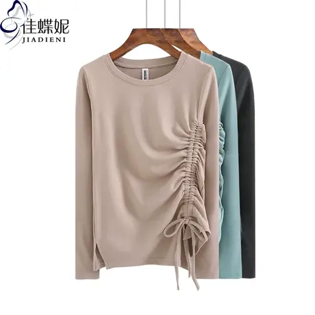 冬新款保暖加厚磨毛纯白修身长袖体恤上衣打底内搭圆领抽绳显瘦女图片