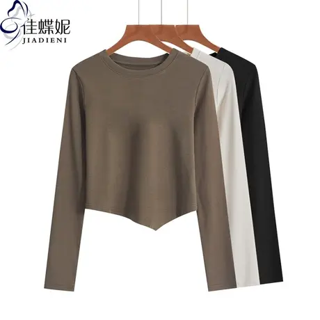 秋季新款韩版圆领不规则下摆短款纯欲修身纯棉长袖体恤上衣内搭女商品大图
