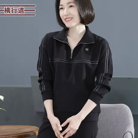 2025新款春装半开领绣花宽松胖MM中年妈妈长袖T恤女大码上衣外穿商品大图