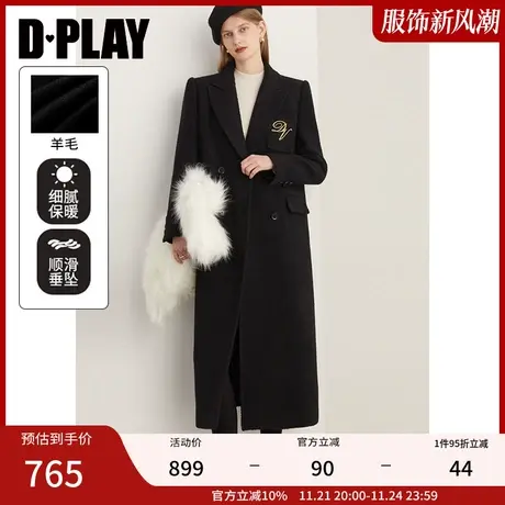 DPLAY冬新通勤翻驳领胸前口袋定制刺绣黑色羊毛呢大衣商品大图