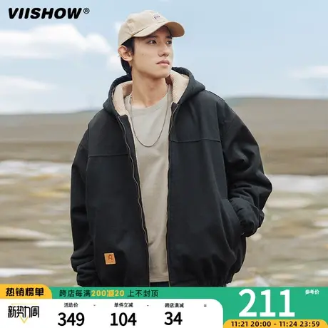 VIISHOW日系复古纯棉外套冬季仿羊羔绒连帽夹克男士加绒保暖棉服商品大图