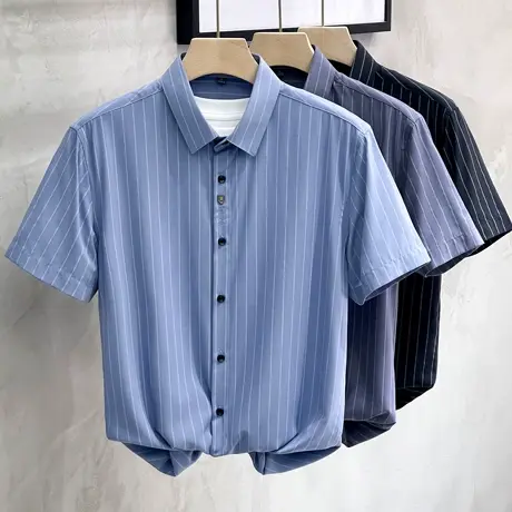 夏季男士短袖衬衫韩版潮流帅气条纹衬衣夏装休闲冰丝坠感寸衫上衣商品大图