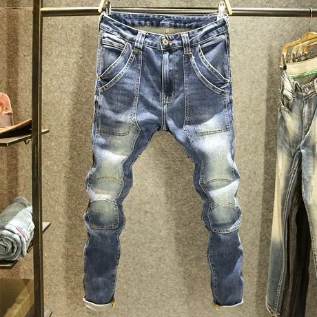 美式高端青年机车牛仔裤男款个性拼接双口袋裤子男弹力修身小脚裤商品大图