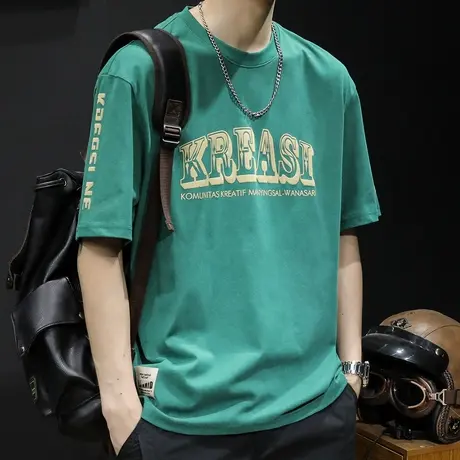 重磅印花短袖t恤男宽松潮牌胖子大码男装24新款男士美式体恤男款商品大图