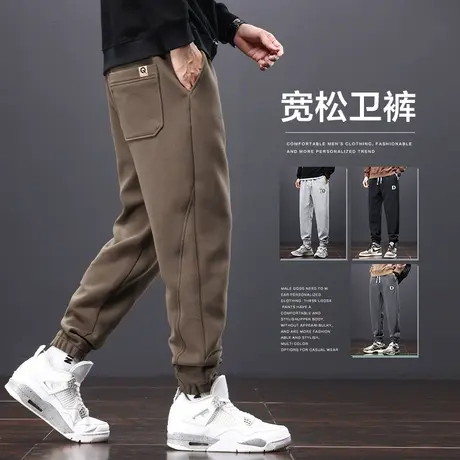 春季男款宽松束脚休闲裤子运动春秋款针织痞帅卫裤春天卡其色男装商品大图
