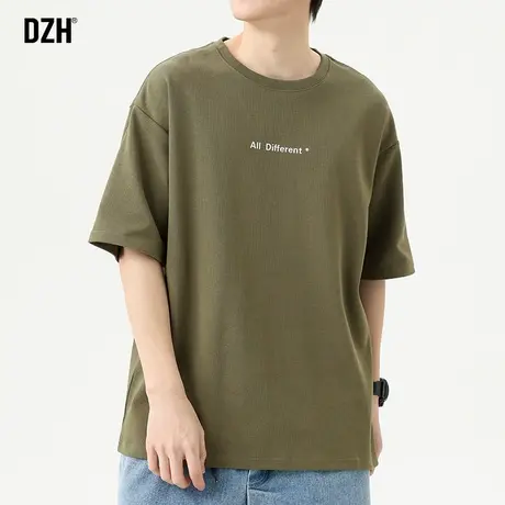 男生军绿色短袖t恤男美式重磅潮牌半袖体恤宽松夏季男装2023新款商品大图
