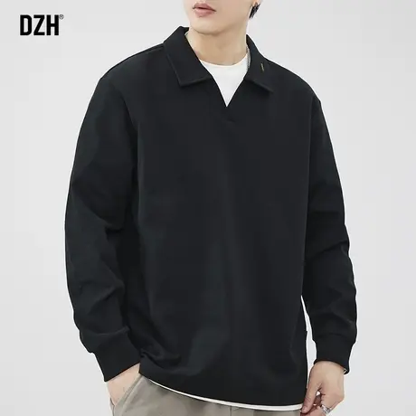 男士黑色长袖polo衫男美式高级感2203年新款秋季翻领上衣休闲卫衣商品大图