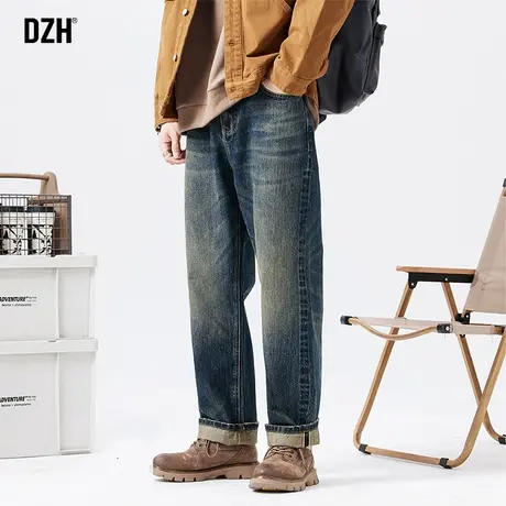 男士深蓝色直筒牛仔裤男秋冬新款男裤2023新款美式裤子宽松休闲裤图片