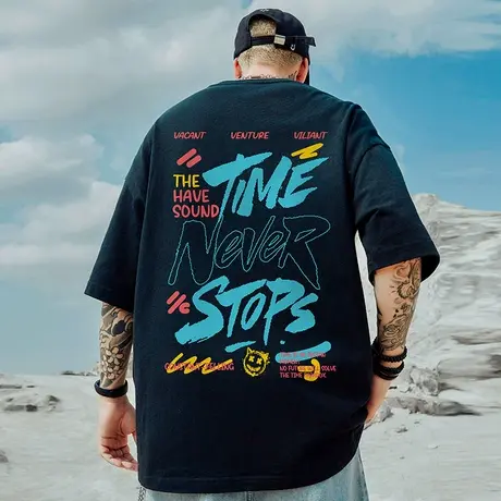 夏季美式字母短袖t恤男街头嘻哈涂鸦潮牌纯棉重磅黑色大码半袖潮商品大图