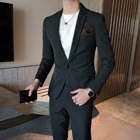 休闲条纹小西装男大码外套潮流痞帅修身西服男套装韩国英伦风礼服商品大图