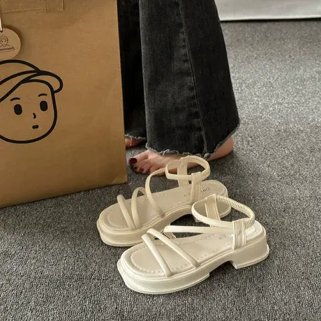 法式厚底绝美凉鞋女夏外穿时尚配裙子2024新款爆款百搭平底罗马鞋商品大图