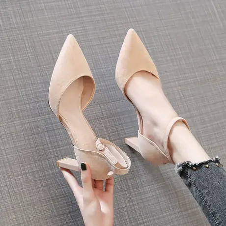 高跟鞋女秋2020新款百搭法式少女性感一字扣黑色职业尖头粗跟单鞋图片