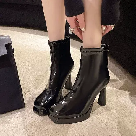 厚底防水台高跟短靴女2023新款韩版细跟9厘米增高瘦瘦靴短筒靴子图片
