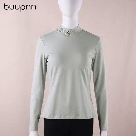 领口有英文字母t恤 内搭半高领印花打底衫免穿文胸女上衣女带胸垫商品大图