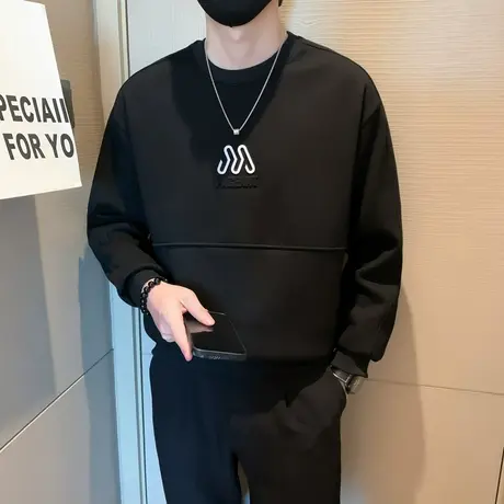 加绒卫衣男小众拼接设计感秋冬2023新款轻熟休闲加厚长袖打底上衣商品大图