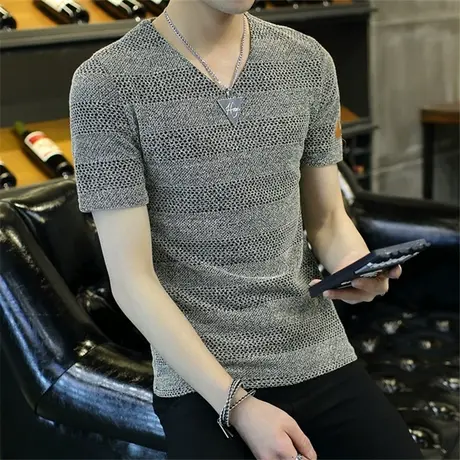 短袖T恤男大码男装潮胖修身夏季V领2024新款早春半袖条纹韩版上衣商品大图