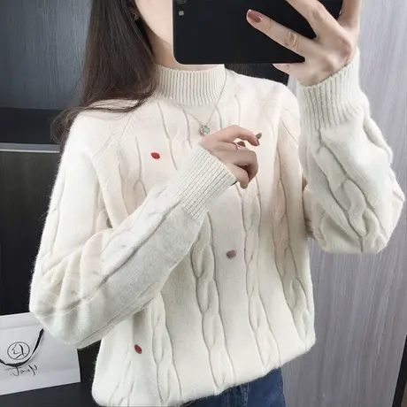 2023新款秋冬季宽松打底衫慵懒风毛衣女套头针织衫半高领刺绣上衣商品大图