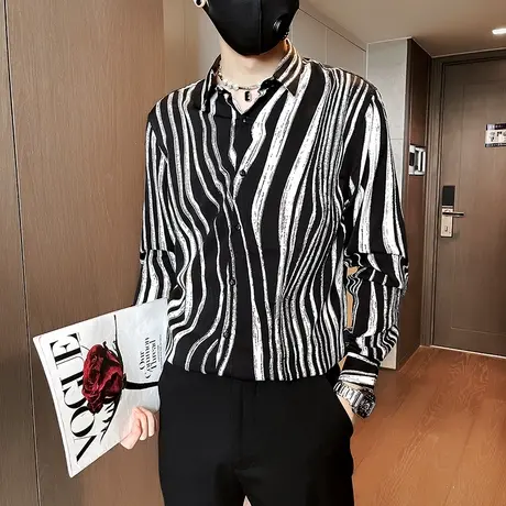 衬衫长袖秋季新款INS高级感斑马纹上衣发型师潮牌休闲雅痞男衬衣图片
