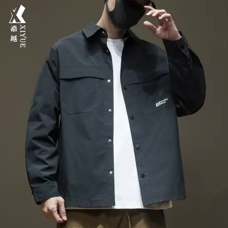 希越美式翻领夹克男冬季新款工装牛津格衬衫宽松大码男士加棉外套商品大图