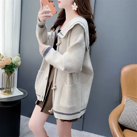 学院风海军领牛角扣毛衣开衫女早春2024新款宽松减龄针织外套上衣商品大图