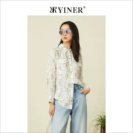 YINER音儿女装2022夏季满印花雪纺POLO领衬衫商品大图