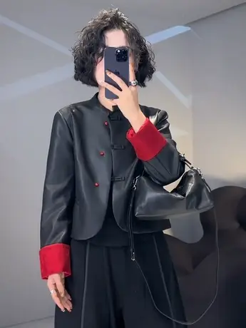 中国红国风新款仿真皮衣2024春装立领仿绵羊皮夹克新中式短款外套图片