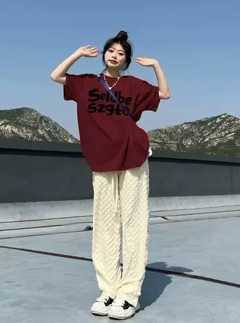 酒红色短袖t恤女夏季港风chic设计感小众美式复古宽松半袖上衣ins商品大图