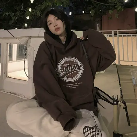 棕色连帽卫衣女秋冬加绒加厚国潮牌oversize美式港味chic外套上衣图片