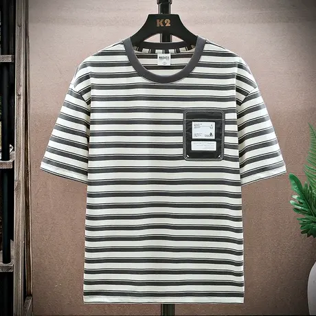 夏季休闲男士短袖t恤圆领纯棉条纹刺绣体恤宽松潮流半袖上衣服男商品大图