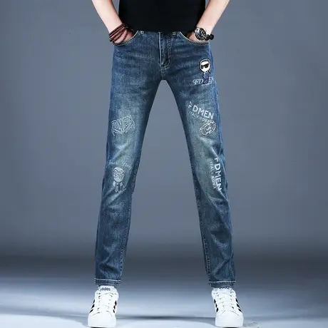 2024男士牛仔裤子简约修身怀旧工艺烫钻印花小脚裤春季棉弹潮牌男图片