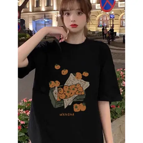 港风新款短袖T恤女夏季2024复古印花半袖上衣宽松休闲男女款衣服图片