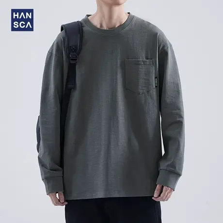 hansca简约日系潮牌长袖t恤男秋季复古纯棉百搭纯色圆领口袋上衣商品大图
