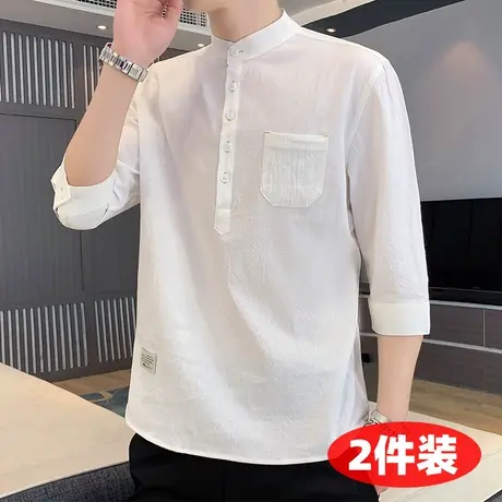 棉麻男士七分袖衬衫立领套头衬衣中国风亚麻褂头子夏季中袖体恤衫图片