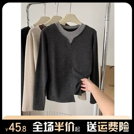 假两件长袖t恤女2024新款爆款春秋季内搭打底衫独特别致正肩上衣商品大图