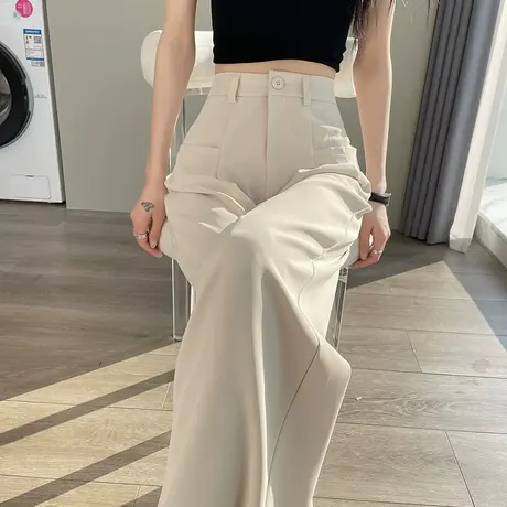 米白色阔腿裤女春夏薄款高腰垂感遮胯显瘦压褶设计感西装拖地长裤商品大图