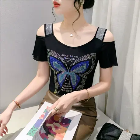 时尚烫钻T恤女短袖欧货性感双层冰丝网纱打底衫气质露肩修身上衣商品大图