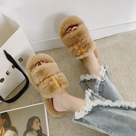 毛绒毛毛拖鞋女外穿2024新款秋冬仿羊羔绒可爱家居厚底一体棉拖鞋商品大图