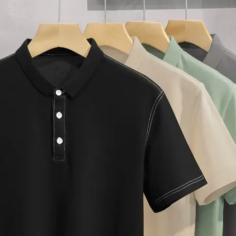 短袖polo衫保罗翻领t恤男装夏季冰丝冰感纯色黑色上衣服有领半袖商品大图