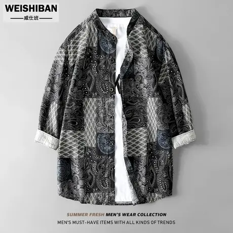 民族风复古腰果花短袖上衣男夏季纯麻七分袖衬衫男宽松透气衬衣潮商品大图