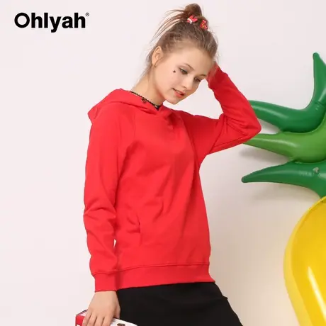 Ohlyah品牌韩版宽松圆领带连帽卫衣女装纯棉色外套百搭潮学生班服商品大图