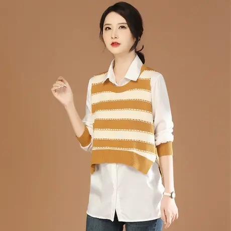 韩潮袭人两件套白色衬衫女2023秋季新款休闲条纹针织衫马甲套装图片