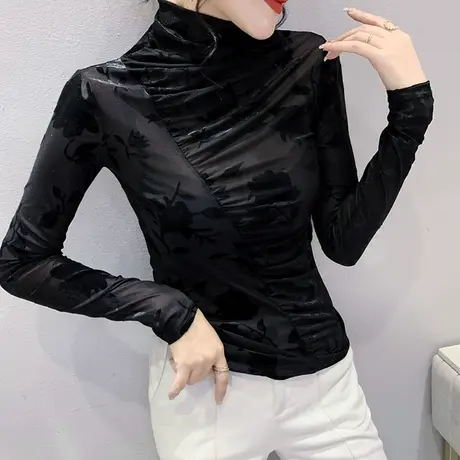 黑色网纱打底衫女长袖春装时尚别致高领上衣性感微透心机显瘦T恤商品大图